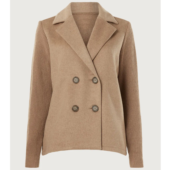 Splendid Camel Double Breasted Sweater Jacket LARGE Felted Boxy Coat Wool $178 - Picture 7 of 12